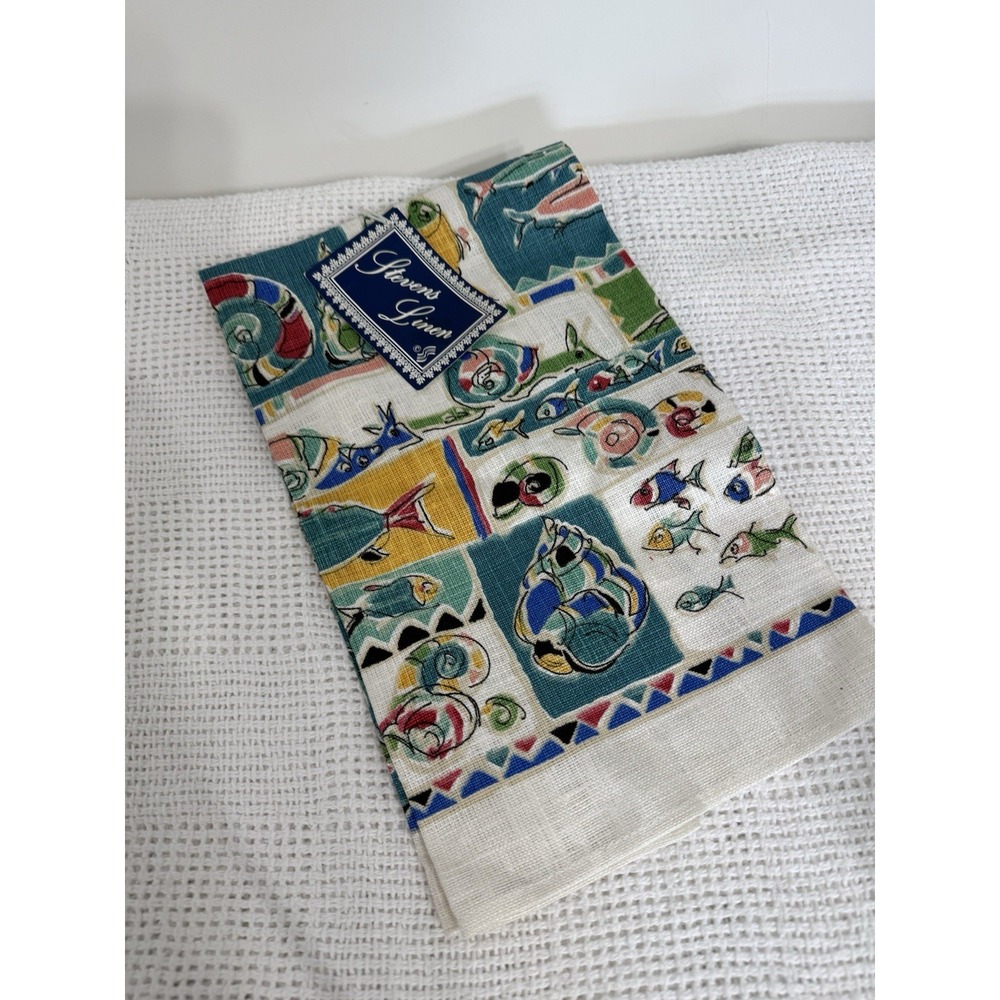 Tea Towel Stevens Linen Fish Shells Pattern NWT Made In USA Vtg NOS